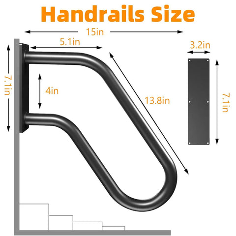 Rock Solid Wall Mounted Stair Handrail And Heavy Duty Grab Bar For Indoor Outdoor Porch Garage With Tight Non Slip Grip and dimensions.