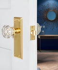 Crystal Door Knob With Plate In New York And Waldorf Style, brass back plate, on white door, classic home decor
