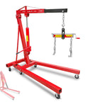 Folding Hydraulic Engine Hoist Two Ton Capacity With Quick Lever Operation And Six Iron Caster Wheels Red side view of crane with lifting mechanism
