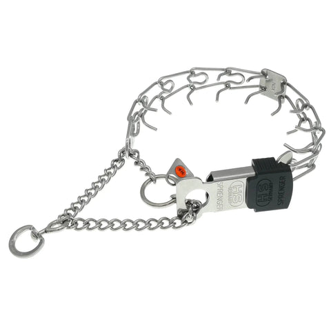 No Pull Prong Collar With Quick Release ClicLock Buckle For Small To Medium Dogs Stainless Steel Pinch Collar For Training 16 Inch Length 2.25 Millimeter Prongs Adjustable Fit Made In Germany, displayed laid out with visible prongs and ClicLock buckle.
