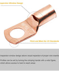 Close-up of a copper wire lug from the 260Pcs Copper Wire Lugs And Heat Shrink Kit For Battery Cables AWG 2 4 6 8 10 12 With 120Pcs Ring Terminals And 140Pcs Heat Shrink Tubing Assortment Pack, showing inspection window design.