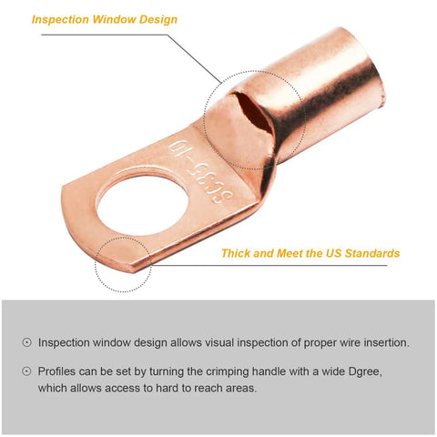 Close-up of copper wire lug from Copper Wire Lugs And Battery Cable Ends Kit With Heat Shrink Tubing AWG 2 To 12, showing inspection window.
