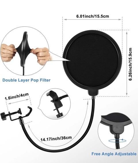 Double-layer pop filter for multifunctional desktop microphone stand for live streaming and studio recording with dimensions shown