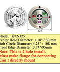 Heavy Duty 125 Mm Four Jaw Independent Metal Lathe Chuck For Mini Lathes showing dimensions and specs for accurate installation.