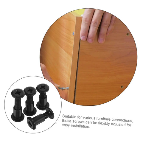 Rock Solid Cross Locking Screws And Nuts 170 Piece Set Matte Black Steel screws securing furniture connection with hands.