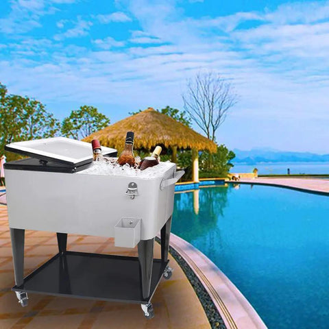 80 Quart Rolling Cooler Cart With Wheels Portable Wicker Beverage Bar Stand For Outdoor Patio Parties next to a pool.