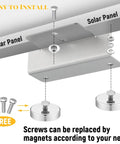 Diagram showing installation of no drill magnetic solar panel mount brackets, aluminum, easy install, corrosion free silver.