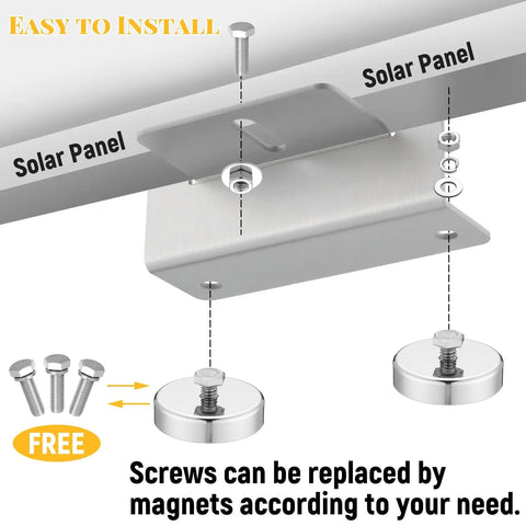 Diagram showing installation of no drill magnetic solar panel mount brackets, aluminum, easy install, corrosion free silver.