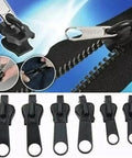 Universal Zipper Repair Kit With 6 Black Zipper Slides In 3 Sizes For Quick No Sew Zip Fix showing black zipper slides and zipper installation