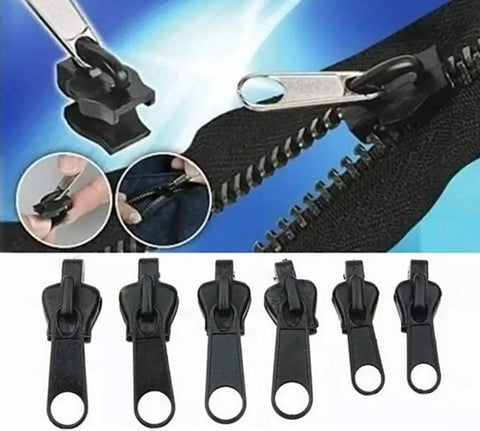 Universal Zipper Repair Kit With 6 Black Zipper Slides In 3 Sizes For Quick No Sew Zip Fix showing black zipper slides and zipper installation