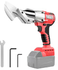 Beast Mode Cordless Metal Shear 400 Nm Torque Brushless Motor Cuts Up To 14 Gauge Steel And Aluminum Without Breaking A Sweat Includes 360 Degree Pivoting Head Works With Milwaukee 18v Battery Not Included close-up view with attached battery and accessories.