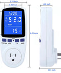 Power Meter Plug For Home Energy Monitoring With Backlit Display Tracks Watts Kilowatt Hours Volts Amps Hertz Power Factor Cost And Time Min Max Power 7 Display Modes Overload Protection, front and side view with 6.22-inch height