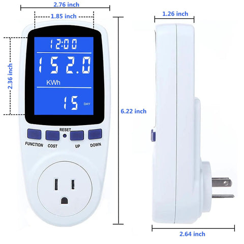 Power Meter Plug For Home Energy Monitoring With Backlit Display Tracks Watts Kilowatt Hours Volts Amps Hertz Power Factor Cost And Time Min Max Power 7 Display Modes Overload Protection, front and side view with 6.22-inch height