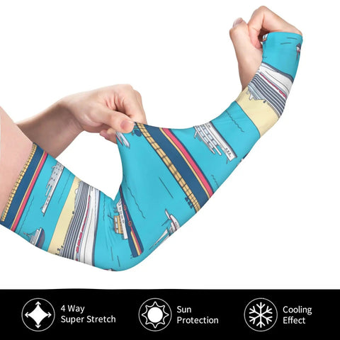 Person wearing Cooling Arm Sleeves For Men And Women Breathable Ice Silk Fabric With Thumb Hole Non Slip Grip featuring a boat pattern.