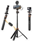 62 Inch Phone Selfie Stick Tripod With 2 In 1 Extendable Pole Bluetooth Remote And 360 Degree Ball Head in use with devices