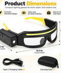 Smart Safety Glasses With Touchless Control And Five Rechargeable Lighting Modes, Waterproof Led Headlamp dimensions infographic