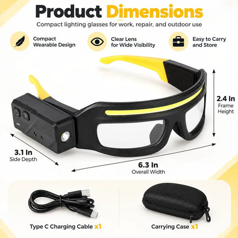 Smart Safety Glasses With Touchless Control And Five Rechargeable Lighting Modes, Waterproof Led Headlamp dimensions infographic