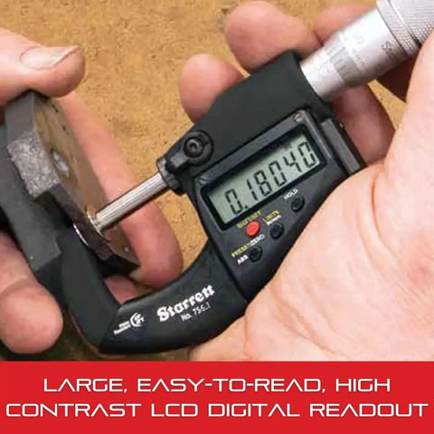 Electronic Micrometer With SPC Output, IP67 Waterproof, Satin Chrome Finish, Carbide Measuring Faces, LCD Display in use