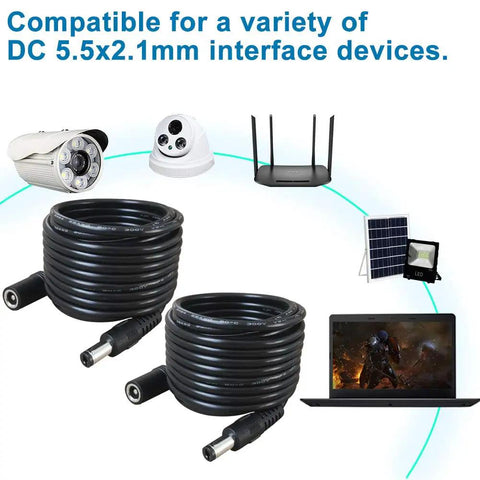 2 Pack 10 Foot DC Power Extension Cables 5.5mm x 2.1mm Heavy Duty 12V Extension Lead For Security Cameras CCTV IP Routers