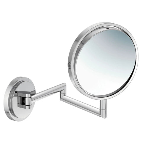 Chrome 5.94 Inch Dual Sided Extendable Wall Mount Mirror With 5X Magnification For Shaving And Makeup Perfect For Vanity Or Bath Hassle Free Install Sleek Chrome Finish, shown at an angle on white background