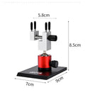 Tabletop Mini Vise With 360 Degree Rotating Spherical Head And Detachable Clamp for hobbyists, showing dimensions and packaging.