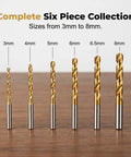 Grab This Top Shelf Six Piece Hss Twist Drill Bit Set Titanium Coated For Knockout Performance On Wood Plastic Aluminum And Thin Metal Boring Carving Cutting Polishing Projects You Will Definitely Nail, showcasing 3mm to 8mm sizes.
