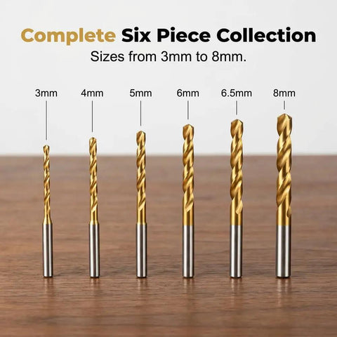 Grab This Top Shelf Six Piece Hss Twist Drill Bit Set Titanium Coated For Knockout Performance On Wood Plastic Aluminum And Thin Metal Boring Carving Cutting Polishing Projects You Will Definitely Nail, showcasing 3mm to 8mm sizes.