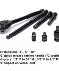 One Half Inch Drive Impact Socket Master Set With Seventy Pieces Includes SAE And Metric Sockets From Five Sixteenth To One And One Quarter Inch Shallow And Deep Sockets Ratchet Handle Extension Bar And Adapters Chrome Vanadium With Black Phosphate Finish showing extensions, ratchet handle, and adapters.