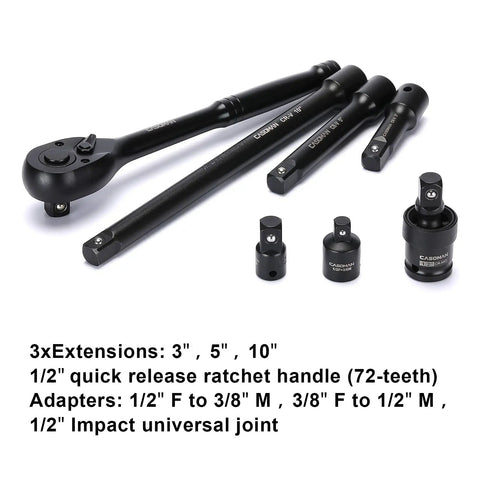 One Half Inch Drive Impact Socket Master Set With Seventy Pieces Includes SAE And Metric Sockets From Five Sixteenth To One And One Quarter Inch Shallow And Deep Sockets Ratchet Handle Extension Bar And Adapters Chrome Vanadium With Black Phosphate Finish showing extensions, ratchet handle, and adapters.