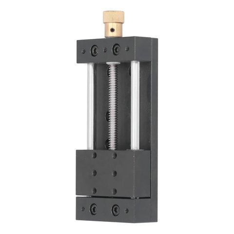 Manual Linear Stage Actuator Smooth Operator Aluminum Platform Zero To Seventy Five Millimeter Stroke Ten Kilogram Load Capacity For Mechanical Engineering And Automation Projects Built Tough Straight Up Precision side view of linear actuator with aluminum and brass components.