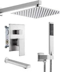 Shower System With Pressure Balance Valve And Tub Spout Set, Handheld Massage Wand, 10 Inch Rainfall Shower Head, All Metal Brushed Finish