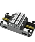 Heavy Duty Self Centering Milling Vise For Cnc And Machine Tables Featuring Rock Solid Grip Easy Jaw Swap Flat Out Stable Platform Premium Alloy Steel Build, close-up view showing dual jaws and precision design.