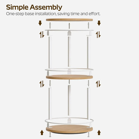 Three Tier Lazy Susan Rotating Spice Rack Featuring Smooth Ball Bearing Turntable System For Hassle Free Pantry Access White Natural Wood Countertop Organizer showing simple assembly details.