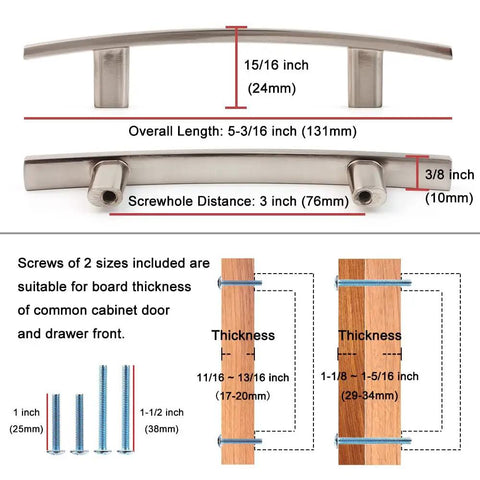 Diagram of 20 Pack 3 Inch Brushed Nickel Kitchen Cabinet Pulls Satin Silver Handles with dimensions and screw information