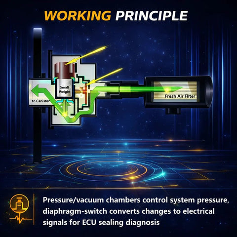 Diagram of Evaporative Emissions System Integrity Module Leak Detection Pump component with pressure chambers and air filter.