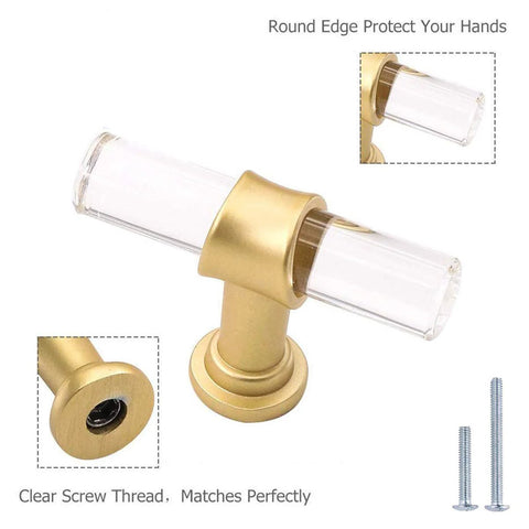 10 Pack T Shape Acrylic Cabinet Knobs With Gold Tone Zinc Alloy Bases For Dresser And Cupboards Clear Acrylic Pulls