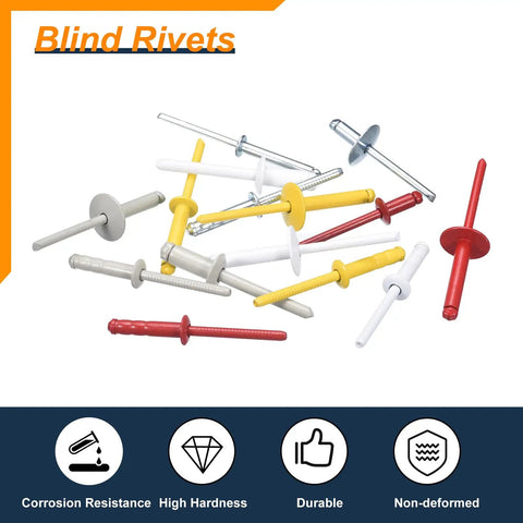 100 Pack 3/16x3/8 Aluminum Countersunk Blind Rivets Silver Open End Fasteners for DIY, featuring various colored blind rivets.