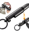 Two Pack Bullet Permanent Match Lighter With Bottle Opener, Glass Breaker, And Keychain shown lighting fire and opening bottle.