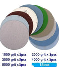 Get This Awesome 15 Piece 125mm Hook Loop Sanding Discs Set With Grits 1000 To 5000 For Ultimate Polishing On Wood Metal And Cars, showing various grit discs.