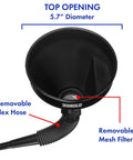Black funnel with removable flex hose, mesh filter, and 5.7" diameter, part of Color Coded Automotive Flex Funnel Kit With Hose And Mesh Filter 2 Pack Wide Mouth Oil Funnel For Gas And Transmission Fluid Black And Blue Flexible Set For Garage Or Emergency Kit.