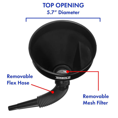 Black funnel with removable flex hose, mesh filter, and 5.7" diameter, part of Color Coded Automotive Flex Funnel Kit With Hose And Mesh Filter 2 Pack Wide Mouth Oil Funnel For Gas And Transmission Fluid Black And Blue Flexible Set For Garage Or Emergency Kit.