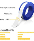 Front view of PTFE plumbers tape on blue spool; 1/2 in wide, 520 in total length, white tape for pipe threads