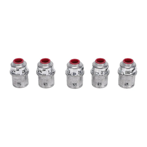 Tool Free Snap In Metal Clad Cable Connectors 3 8 Inch Fit Electrical Conduit shown in five pack, zinc die-cast construction.