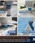 Tile hole saw kit by BRSCHNITT; blue diamond core bits; shows shaping, enlarging, trimming, cutting and grinding.
