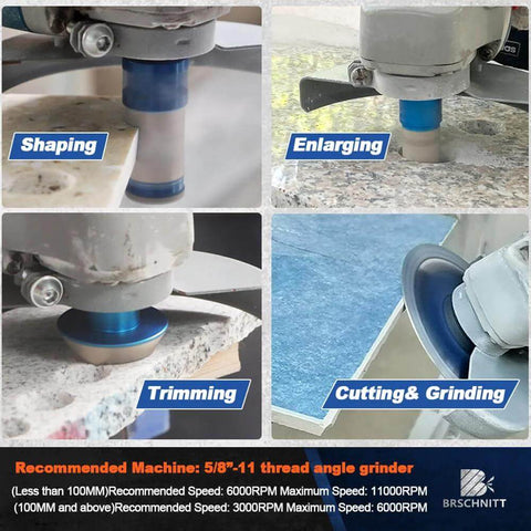 Tile hole saw kit by BRSCHNITT; blue diamond core bits; shows shaping, enlarging, trimming, cutting and grinding.