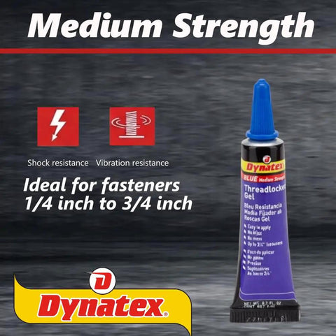 Blue Gel Threadlocker Medium Strength For Metal Fasteners Removable With Hand Tools Keeps Threads Tight In Vibration Prone Environments Solvent Resistant 0.20 Oz Bottle Pack Of 3 displayed against a medium strength label background with Dynatex logo.