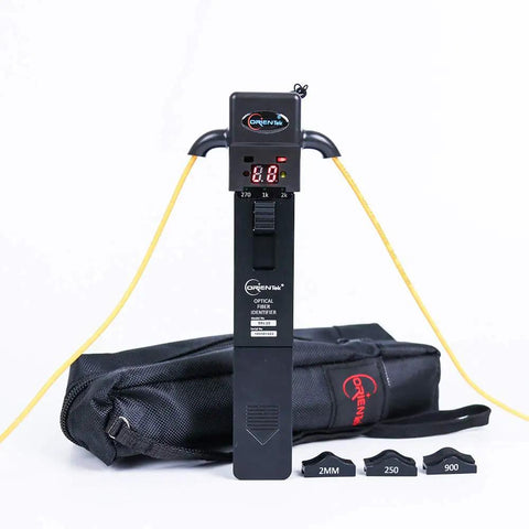 TFI-35 Pro Grade Optical Fiber Identifier with 4 adapters and carrying case, highlighting live fiber detection tool in black.