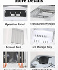 Portable Countertop Ice Maker Dishing Out Bullet Ice Keeps Your Squad Cool By Producing 40 Pounds Daily In Jiffy Offers Speedy 6 Minute Cycle And Ample Ice Storage For Pure Refreshment showing operation panel, transparent window, exhaust port, ice storage tray, copper condenser, and stable foot pads.