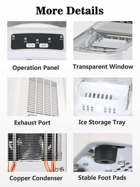 Portable Countertop Ice Maker Dishing Out Bullet Ice Keeps Your Squad Cool By Producing 40 Pounds Daily In Jiffy Offers Speedy 6 Minute Cycle And Ample Ice Storage For Pure Refreshment showing operation panel, transparent window, exhaust port, ice storage tray, copper condenser, and stable foot pads.