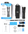 T70 Rechargeable Flashlight With 4200 Lumens, 5000mAh Battery, IP68 Waterproof, packaging and accessories shown